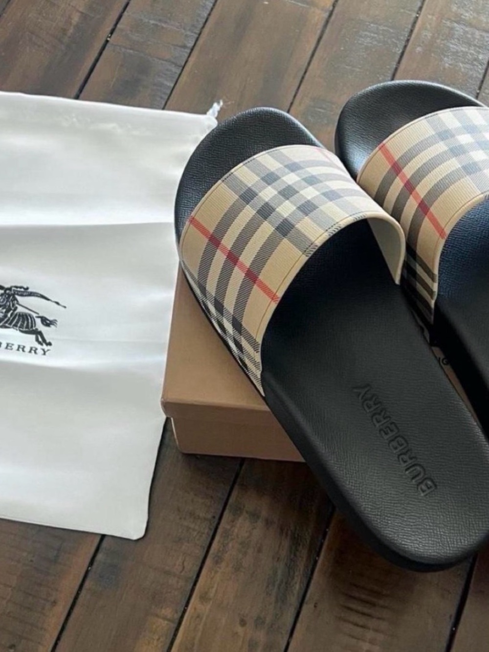 Burberry Black Footbed Slides with Signature Beige Check Strap